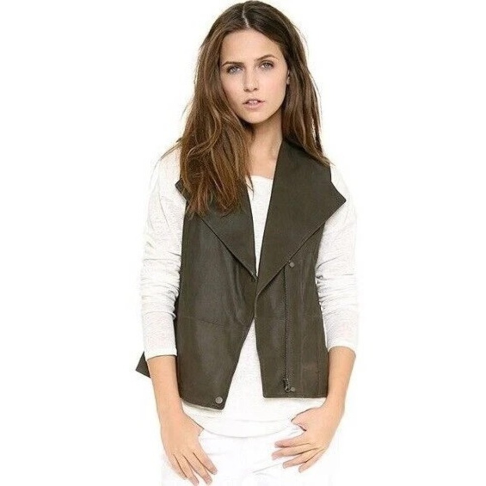 Vince. Leather Paper Moto Vest Womens Medium Grey/Green Asymmetric Military $795